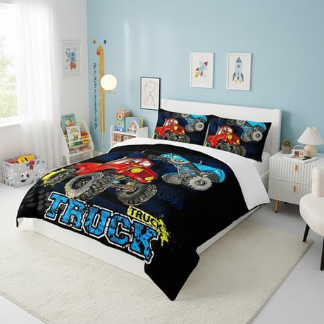 QOOMO Truck Comforter Set for Kids Teens Boys,Cars Kids Comforter,1 Comforter with 2 Pillowcase, Microfiber 3 Piece Bedding Set,Soft and Lightweight(Black，Full Size) QOOMO