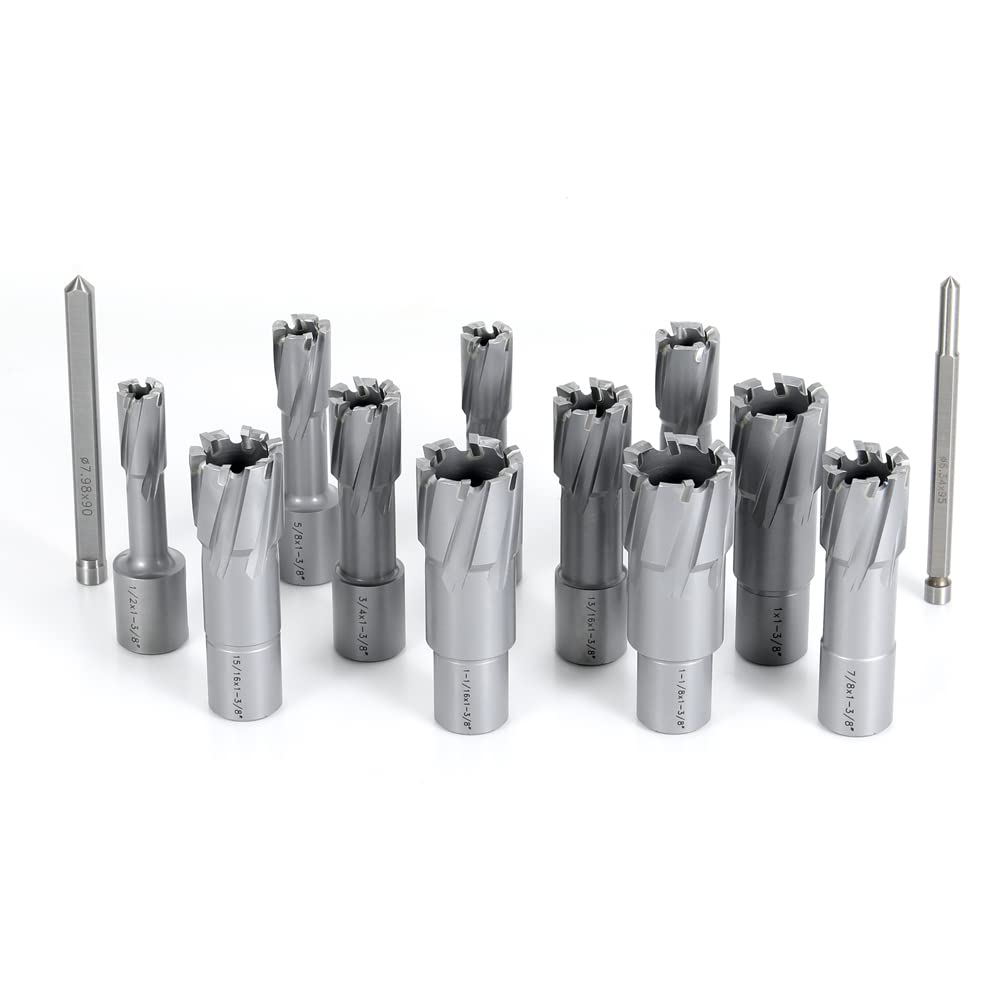 OSCARBIDE Carbide TCT Annular Cutter Set 13 pcs,3/4"Weldon Shank,1-3/8"Cutting Depth and 1/2 to 1-1/8 inch Cutting Diameter,TCT Mag Drill Bits for Magnetic Drill Press with Pilot Pins OSCARBIDE