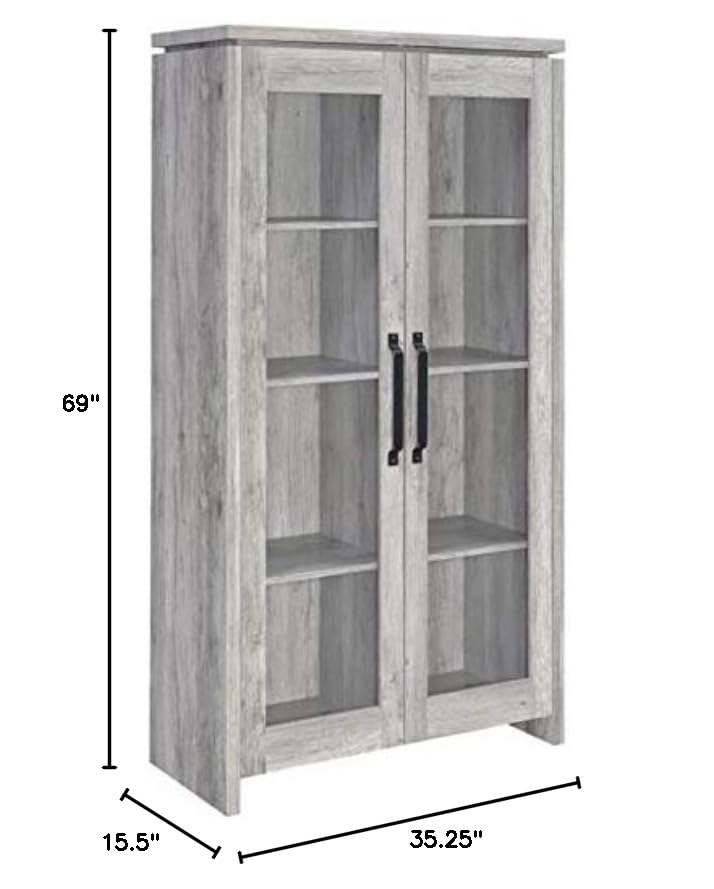 BOWERY HILL Traditional Glass Front 2 Door Wood Curio Display Cabinet in Grey Driftwood BOWERY HILL