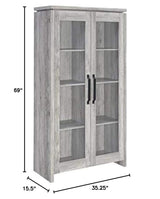 BOWERY HILL Traditional Glass Front 2 Door Wood Curio Display Cabinet in Grey Driftwood BOWERY HILL