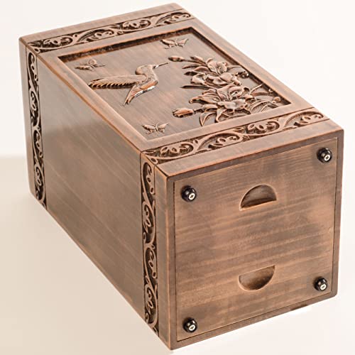 engmvwod Handmade Wooden Engraved Urn for Human Ashes 250lbs Adult Male Female Satin Bag Hummingbird Cremation urns Box - WoodArtSupply