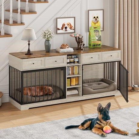 GarveeHome 82" Double Dog Crate Furniture, Large Dog Kennel Indoor for 2 Dogs, Heavy Duty Wooden Dog Crate TV Stand with 4 Drawers and Shelves, Washed White GarveeHome