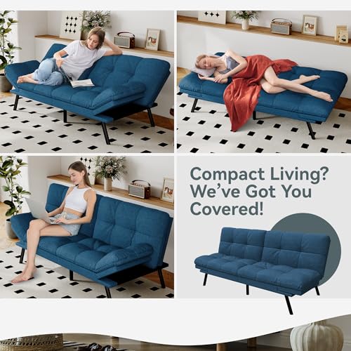 AMICLIBER Futon Sofa Bed Convertible Couch, Blue Linen Sofa Bed with Memory Foam, Adjustable Backrest & Armrests, Multifunctional Small Loveseat Sleeper Sofa for Living Room, Apartment, Office AMICLIBER