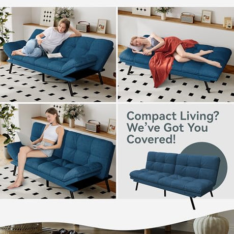 AMICLIBER Futon Sofa Bed Convertible Couch, Blue Linen Sofa Bed with Memory Foam, Adjustable Backrest & Armrests, Multifunctional Small Loveseat Sleeper Sofa for Living Room, Apartment, Office AMICLIBER