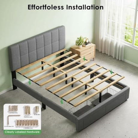 Marsail Full Bed Frame with 2 Storage Drawers - Upholstered, Adjustable Headboard,6"-12" Mattress Fit, 1300 lbs Capacity, 12-Leg Sturdy Wood Construction, Dark Gray Marsail