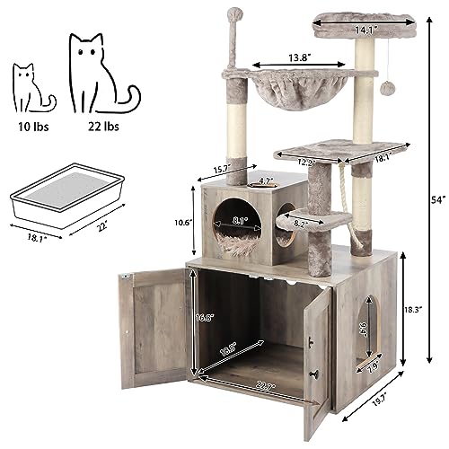 Timberer Cat Tree with Litter Box Enclosure, 2-in-1 Cat Tower for Indoor Cats, Large Cat Furniture, Wood Cat Condo with Basket, Scratching Posts, Pompoms, Grey - WoodArtSupply