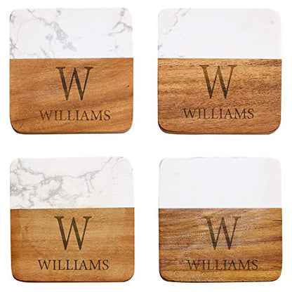 Let’s Make Memories Personalized Elegant Marble Wood Coasters - Housewarming Gift - Set of 4 - Each 4” Square - Customized with Name and Initial - WoodArtSupply