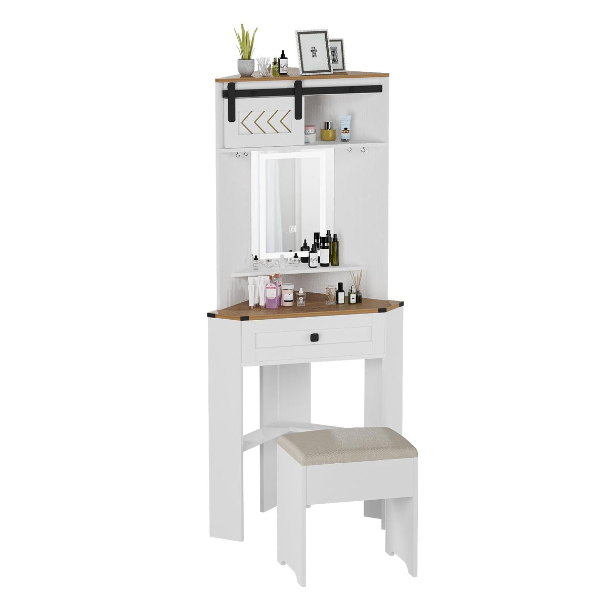 ARTETHYS Small Vanity Desk Set with Lights and Mirror Makeup Vanities with Drawers for Corner Space White Farmhouse Make up Dressing Table with Storage Stool for Bedroom ARTETHYS