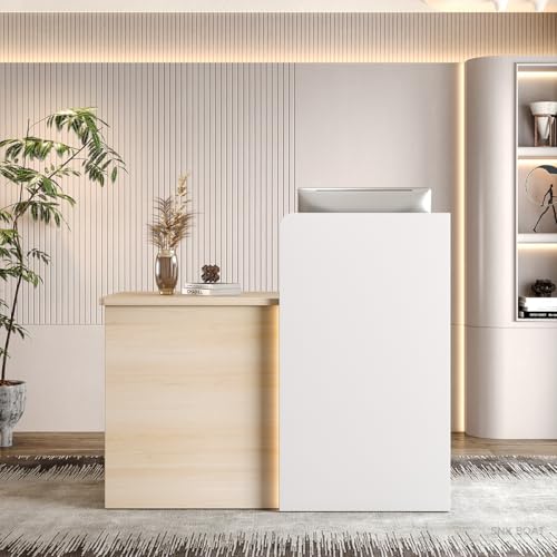 SNKBOAT Small Reception Desk, 47" Front Desks Reception Counter, Front Desk Counter with LED Lights, Lockable Drawer, Two-Tone Design, Privacy Panel, for Office, Salon, Store SNKBOAT