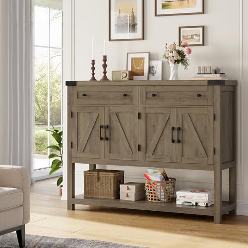 HOSTACK Buffet Sideboard Cabinet with Storage, 47.2‘’ Modern Farmhouse Coffee Bar with 2 Drawers, Barn Doors Console Table with Shelf for Kitchen, Dining Room, Living Room, Entryway (Rustic Brown)