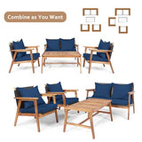 Tangkula 4-Piece Patio Furniture Set, Outdoor Acacia Wood Conversation Set with Cushions and Coffee Table, Outdoor PE Wicker Sectional Sofa Set for Garden, Poolside and Backyard (1, Navy) Tangkula
