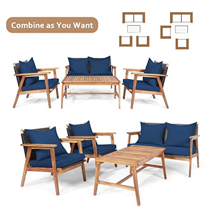 Tangkula 4-Piece Patio Furniture Set, Outdoor Acacia Wood Conversation Set with Cushions and Coffee Table, Outdoor PE Wicker Sectional Sofa Set for Garden, Poolside and Backyard (1, Navy)