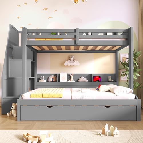 Merax Twin Over Full Bunk Bed Frame with Trundle & Storage Staircase, Wood Platform Bed with Storage Shelves & Guardrail & Charging Station for Bedroom Dorm Guest Room, No Box Spring Needed, Gray Merax