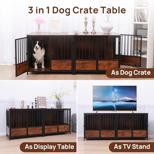 75" Wooden Dog Crate Furniture – Chew-Resistant Kennel for Medium/Large Breeds,3-Door Indoor Kennel with 3.1" Raised Feet, Multi-Functional TV Stand & End Table (Brown, 75 * 26.3 * 32.1 inch) walnest
