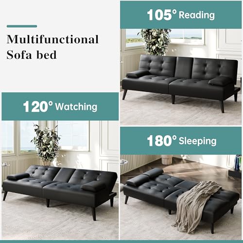 Meilocar 64" Futon Sofa Bed, Small Loveseat with 2 Cup Holders, Small Couch with 3 Adjustable Angles & Removable Armrest, Modern Sleeper Sofa for Apartment, Office (PU Leather, Black) Meilocar