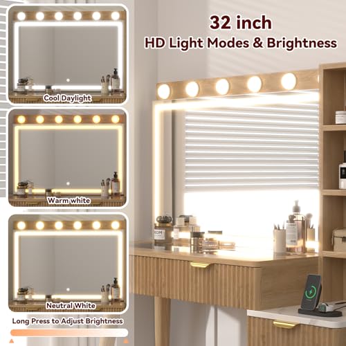 SFDOU 43" Fluted Makeup Vanity Desk with 32" Mirror and Lights, Modern Glass Top Large Vanity Table with 5 Drawers and 3 Storage Shelves, Dressing Table Set with Charging Station for Bedroom-Gray SFDOU