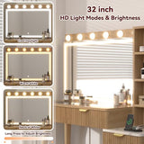 SFDOU 43" Fluted Makeup Vanity Desk with 32" Mirror and Lights, Modern Glass Top Large Vanity Table with 5 Drawers and 3 Storage Shelves, Dressing Table Set with Charging Station for Bedroom-Gray SFDOU