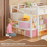 VIAGDO Low Loft Bed Twin Size with 9 Storage Drawers, Bookcase and LED Lights, Metal Kids Loft Bed with Wide Staircase, Open Shelves and Safety Guardrail, Twin Loft Bed with Under-Bed Playhouse, White VIAGDO