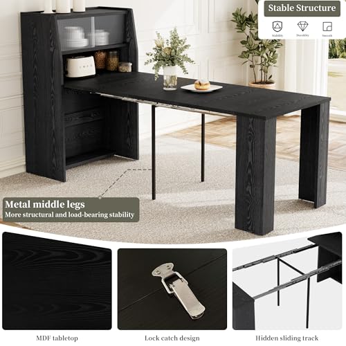 86.6" Extendable Dining Table Seats 4-6, Foldable Kitchen Table with Storage Cabinet for Small Spaces, Multifunctional Console Table with Built-in Shelf, Modern Black Finish (Black Table Only) HIPIHOM