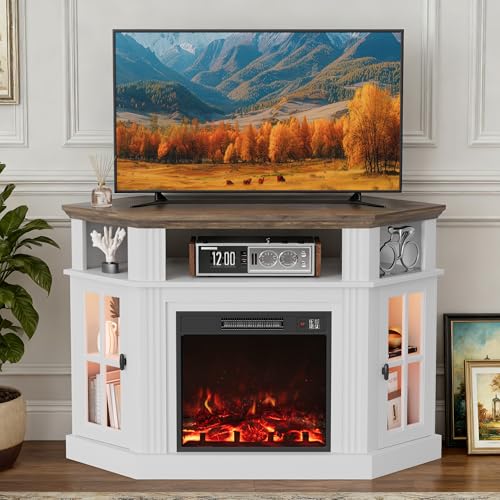 Furmax Fireplace Corner TV Stand for Up to 55 Inch, Modern Console with 18 Inch Electric Fireplace, Entertainment Center with Open Shelf and Storage Cabinets for Living Room (LED Antique White) Furmax