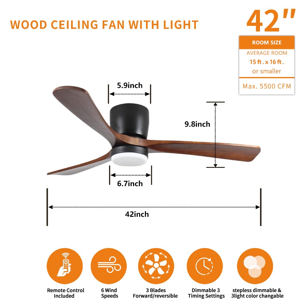 LINJO 42 inch Wood Ceiling Fans with Lights and Remote, Flush Mount Ceiling Fan,Quiet & Reversible DC Motor for Bedroom/Outdoor/Farmhouse/Patios LINJO