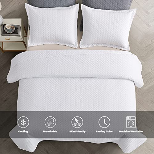 Maple&Stone White Quilt Set Queen Size, Lightweight Bedspread Ultrasonic Chevron Pattern Light Coverlet for All Season Comforter Bedding Decor - 3 Piece Full Bed Cover Sets Maple&Stone