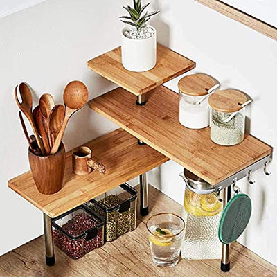 HYNAWIN 3-Tier Bamboo & Metal Corner Shelf – Stylish Space-Saving Organiser for Home and Office