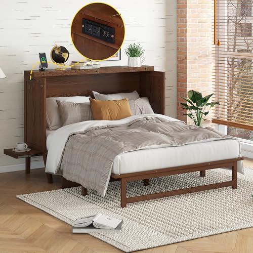 KEIKI Queen Size Cabinet Murphy Bed with Charging Station, Drawer, Removable Shelves, Multiple Storage Foldable Hideaway Wall Murphy Bed Frame, No Box Spring Needed, Easy Assembly, for Bedroom, Walnut KEIKI
