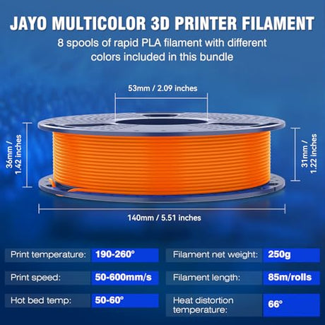 JAYO Rapid PLA 3D Printer Filament Bundle 2KG, High Speed PLA Filament 1.75mm 50mm/s - 600mm/s Print Range, 8 Pack 250g Spool Filament (Black, White, Blue, Red, Pink, Orange, Yellow, Olive Green) JAYO