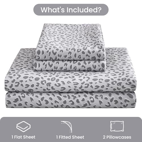 Mooreeke Leopard Cheetah Printed Queen Bed Sheets, Soft Microfiber Bedding Sheets & Pillowcases, Deep Pocket Non-Slip Fitted Queen Sheet, Silver Grey Animal Pattern Bedsheets Mooreeke