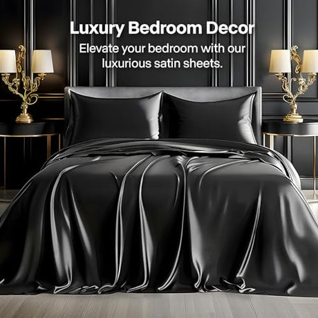 BEDELITE Satin Sheets Full Size Bed Set, Luxury Soft Black Silky Sheets for Hair and Skin, Similar to Silk Bed Sheets Set 4 Pieces with 1 Deep Pocket Fitted Sheet, 1 Flat Sheet, and 2 Pillowcases BEDELITE