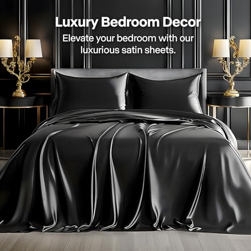 BEDELITE King Size Sheets Set, Luxury Soft Black Satin Sheets for Hair and Skin, Similar to Silk Bed Sheets Set 4 Pieces with 1 Deep Pocket Fitted Sheet, 1 Flat Sheet, and 2 Pillowcases BEDELITE