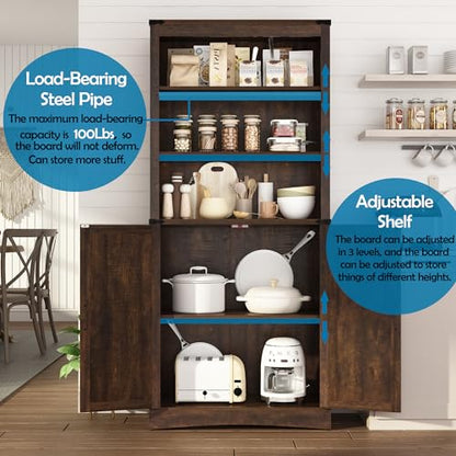 Tall Farmhouse Kitchen Pantry Cabinet with Adjustable Shelves and Barn Doors - Hlivelood 71" Brown Storage Solution - WoodArtSupply