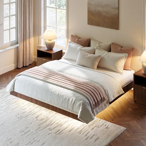 Evermagin Walnut King Floating Bed Frame with led Lights, Mid Century Modern Fluted Floating Platform Bed No Headboard, Heavy Duty Metal Float Bedframe, No Box Spring Needed Evermagin