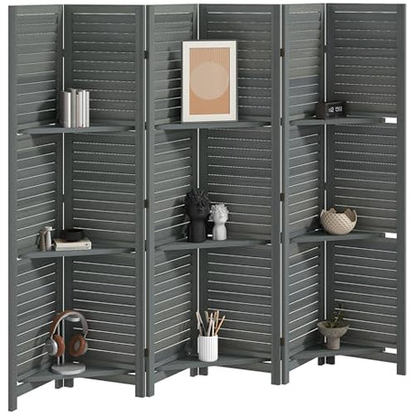 HOMCOM Room Divider, 6 Panel 67" Tall Wood Privacy Screen with 3 Display Shelves, and Folding Storage for Bedroom or Home Office, Gray HOMCOM