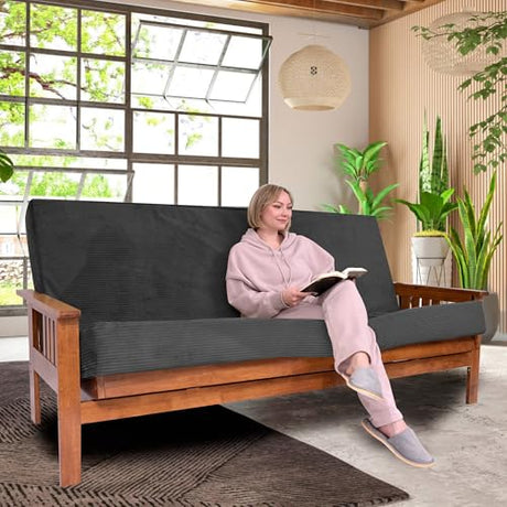 Foamma Memory Foam Futon Mattress, Double-Sided Foldout Couch Futon Mattress, 6" x 60" x 80" Queen Size (Charcoal), Corduroy Fabric - Heavy Duty Sofa Bed, Thick Corded Cushion (Frame NOT Included) Foamma