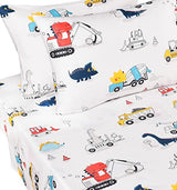 J-pinno Dinosaur Construction Work Digger Cars Vehicle Cute Cozy Fun Full Sheet Set for Kids Girls Children 100% Cotton Flat Sheet + Fitted Sheet + Piillowcase Bedding Set (Dinosaur, Full) J-pinno