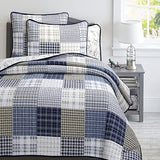 Cozy Line Home Fashions Benjamin Cute Dinosaur Plaid Navy Blue White Grey Bedding Quilt Set 100% Cotton Reversible Coverlet Bedspread Set for Kids Boy(Twin - 2 Piece) Cozy Line Home Fashions