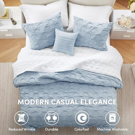 Comfort Spaces Comforter for King Size Bed, Ogee Ruched with Crinkle Texture, Breathable Comforter Set King, All Season Lightweight Bedding Set, Shams, Décor Pilow, King/Cal King Blue 4 Piece Comfort Spaces