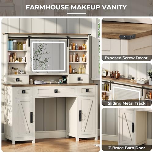 Farmhouse Makeup Vanity Desk with Sliding Mirror and Lights, 47.2" Big Vanity Table with Charging Station, Makeup Desk with 5 Drawers & 2 Cabinets, White