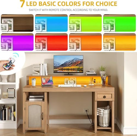 DWVO Farmhouse Office Desk with Drawer & Power Outlets, Rattan Computer Desk w/LED Strip & Monitor Stand for Bedchamber Study, Home Office Table w/Storage Cabinet for Working Writing Gaming (Oak) DWVO