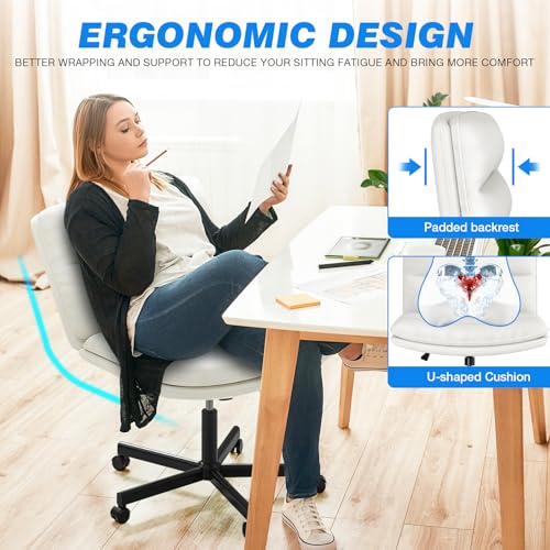 Rfiver Ergonomic Armless Criss Cross Chair with Height Adjustable and Swivel, Wide & Thickened Cushion Cross Legged Vanity Chair, Comfortable PU Leather Desk Chair for Computer Task and Make Up, White Rfiver