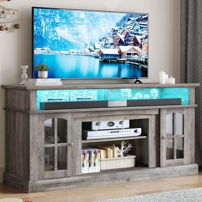 YITAHOME LED Farmhouse TV Stand for TV up to 65 Inch w/Outlets, Highboy Media Entertainment Center Console Table Adjustable Storage Shelves &Cabinet Glass Door for 400lbs for Living Room, Rustic Gray