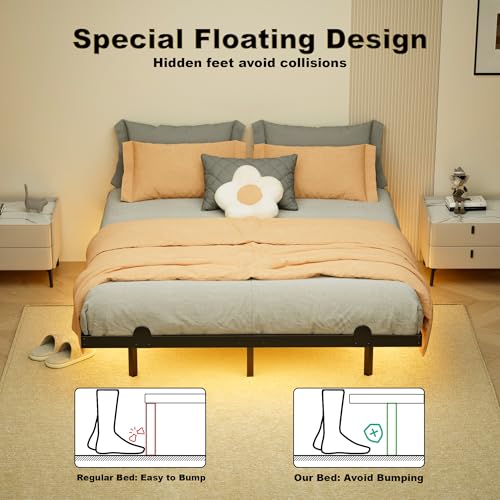 LUKIROYAL Floating Bed Frame Queen Size with Smart LED Lights and Charging Station - Modern LED Bed Frame with Lights, Floating Beds, Easy Assembly No Box Spring Needed. LUKIROYAL