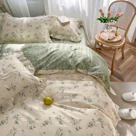 MKXI Botanical Floral Duvet Cover Full Beige Girls Floral Ruffled Bedding Set Cottagecore Flower Comforter Cover Green Reversible Aesthetic Bed Set Cotton Elegant Style Students Duvet Cover MKXI