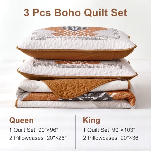 Dintszyayue Boho Queen Quilt Set 3 Pieces Aztec Texture Bedspread Coverlet Set Bohemian Quilt Bedding Set Microfiber Lightweight Bed Cover for All Seasons (Terracotta, 90"×96") Dintszyayue