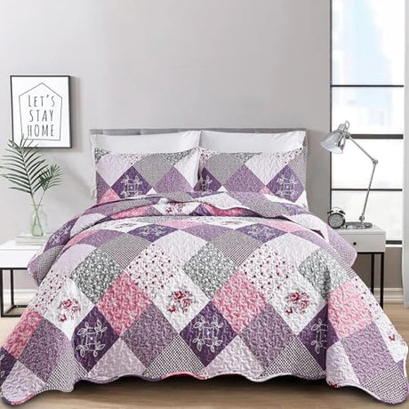 Dinjoy Purple Quilt Set Queen Size, Reversible Floral Plaid Patchwork Pattern Bedding Set Soft Microfiber Lightweight Bedspread Coverlet 3 Piece Spring Summer Use (90x90 inches) Dinjoy