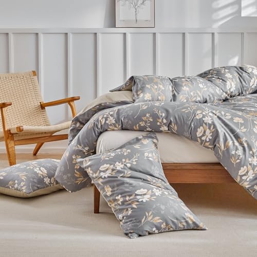 Lekesky Queen Duvet Cover Set, Gold Floral Duvet Cover Queen Size, 3 Pieces Grey Bedding Sets with Zipper, Ultra Soft Microfiber Reversible Queen Size Comforter Cover with 2 Pillowcases 20"x26" Lekesky