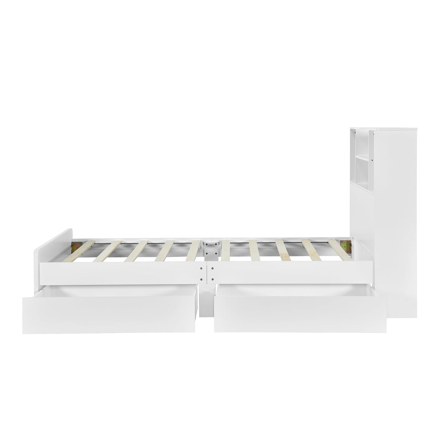 SOFTSEA Twin Size Captain Bed with Storage Shelves, Drawers, and LED Light – White Wood Frame - WoodArtSupply