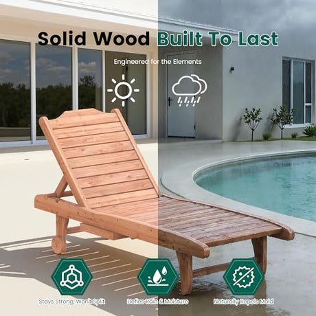 EUNHOO Wooden Chaise Lounge Chair, 3-Position Adjustable Outdoor Tanning Chair with Hidden Side Tray & Wheels, Poolside Patio Sun Chair EUNHOO